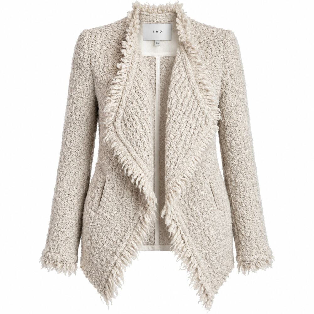IRO Mohair Wool Blend Jacket EU 36 Cream Beige Fringe Waterfall Open Front